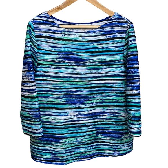 Allison Daley Vintage Nautical Blue Striped 3/4 Sleeve Blouse Women Petite Large - Picture 1 of 6
